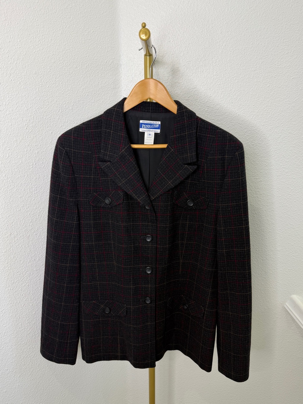 VTG Pendleton Wool Plaid Blazer Jacket Burgundy Black Academia Size 14 Tall USA